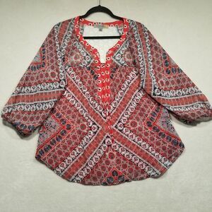 Figueroa & Flower Large Sheer Blouse Red White Blue Floral Lace Panel 3/4 Sleeve